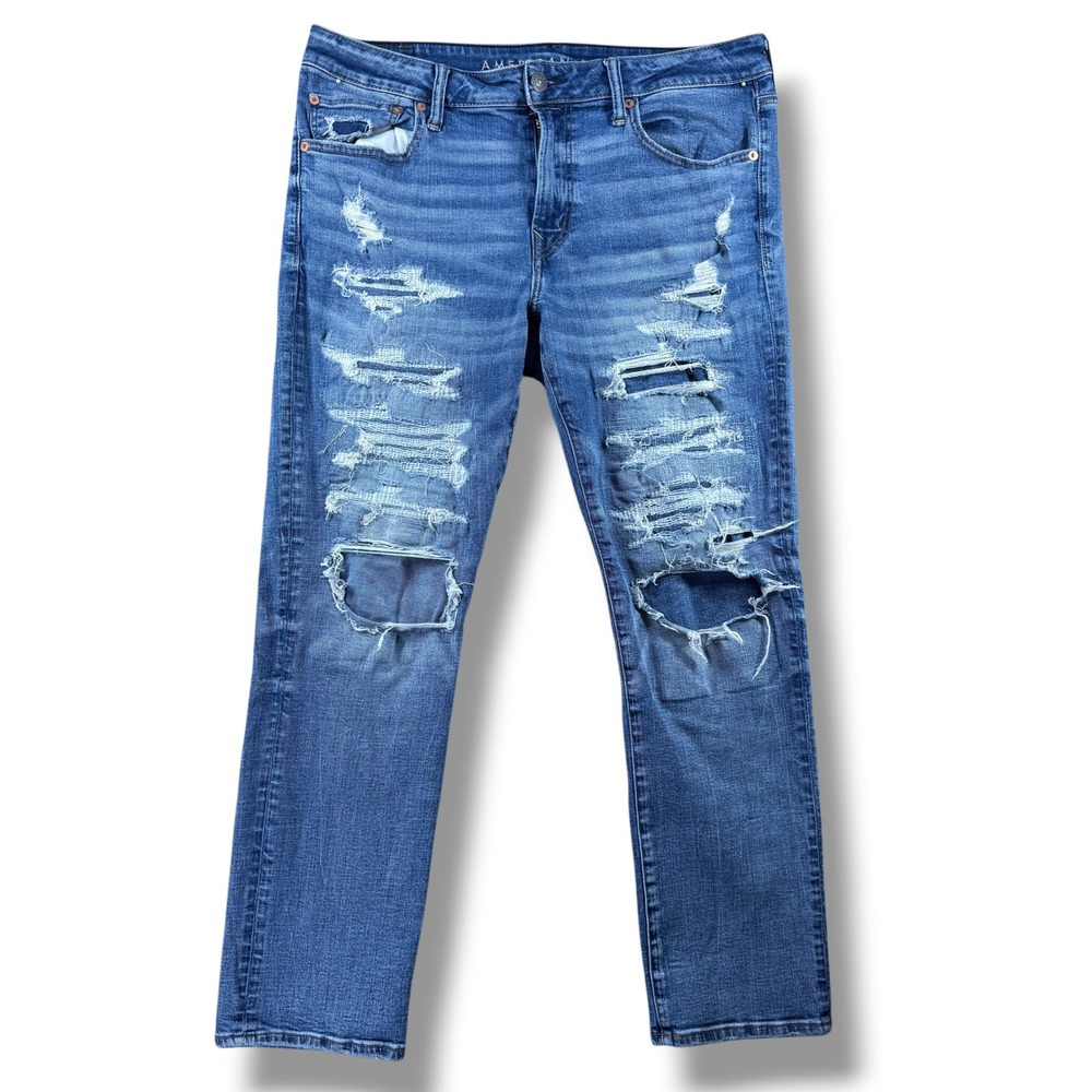 American Eagle Airflex+ Distressed Ripped Jeans Mens 36x30 Medium Wash Blue